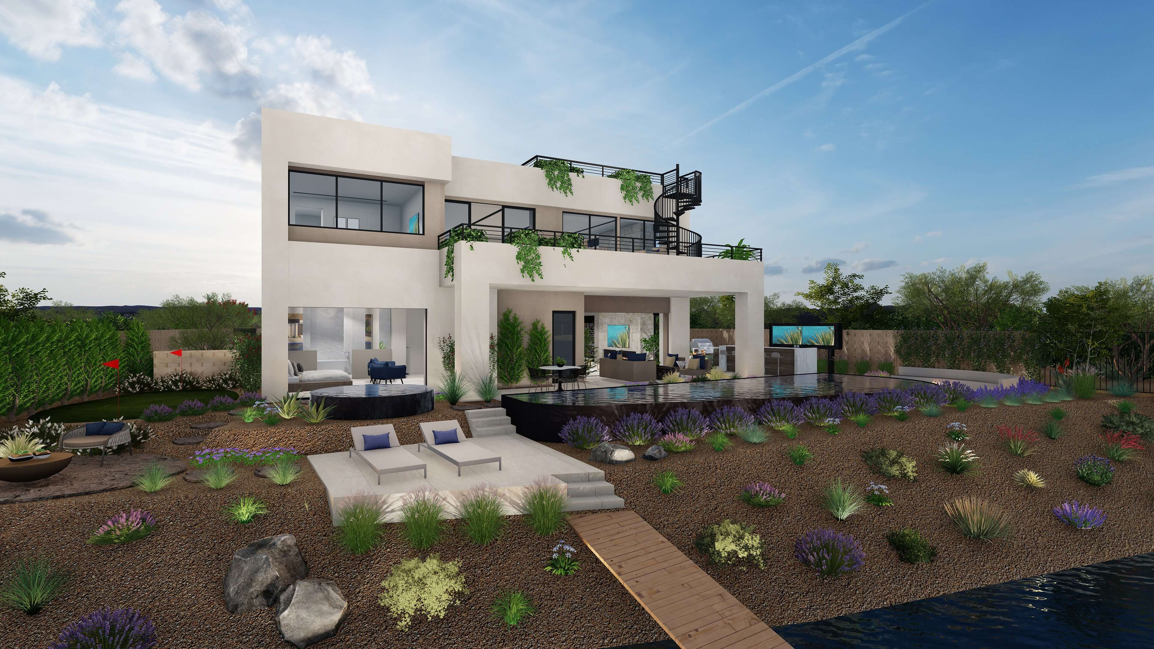 Rear exterior of Blue Heron's new Floorplan, Trace, at Velaris in Lake Las Vegas. Lounge chairs, pool, landscaping, and light, airy color scheme.