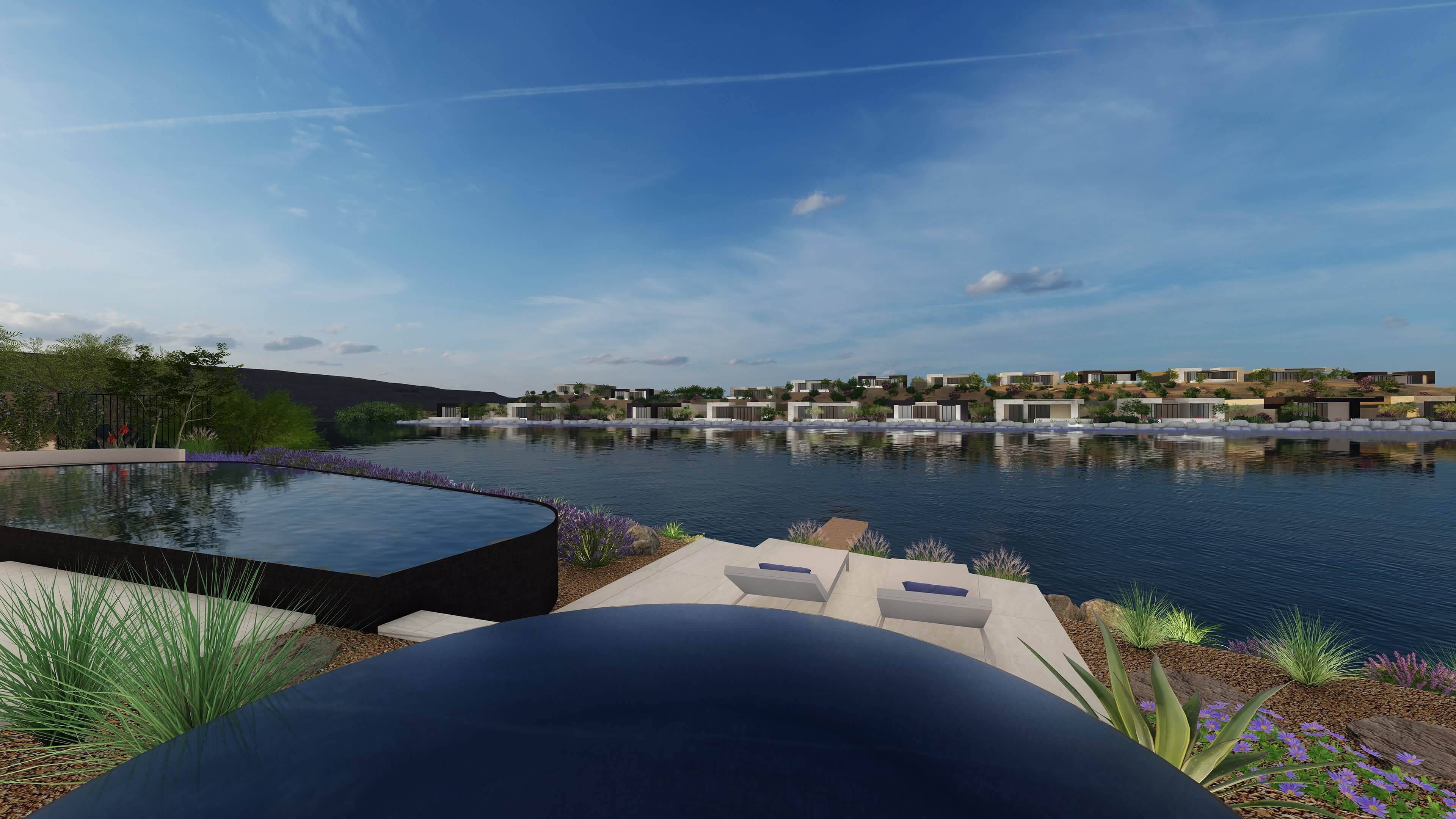 Rear lake view from Blue Heron's new Floorplan, Trace, at Velaris in Lake Las Vegas. Lounge chairs, pool, landscaping, and light, airy color scheme.