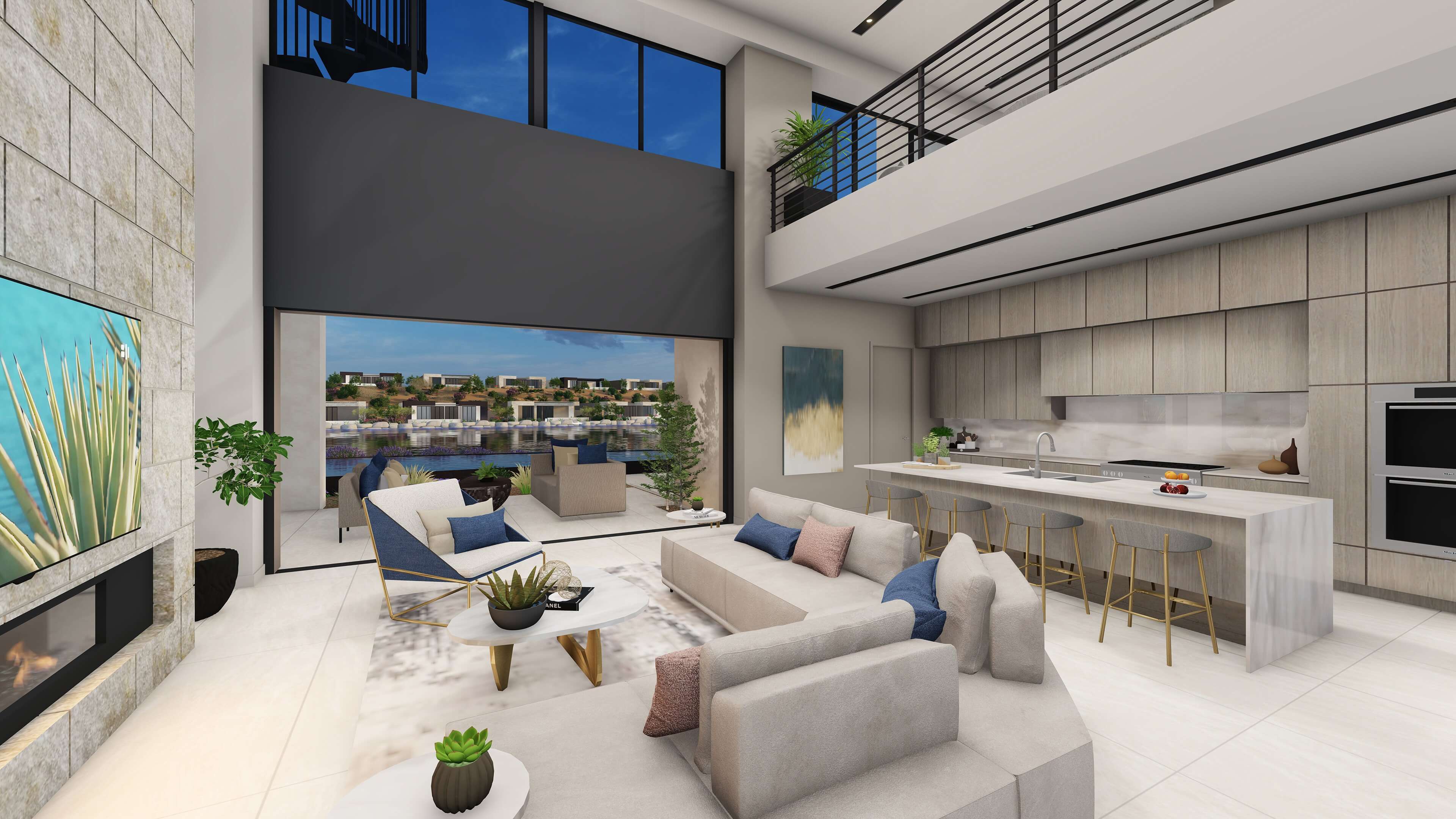 Great Room of Blue Heron's new Floorplan, Trace, at Velaris in Lake Las Vegas. A cream couch with assorted pillows and a sleek, modern kitchen.