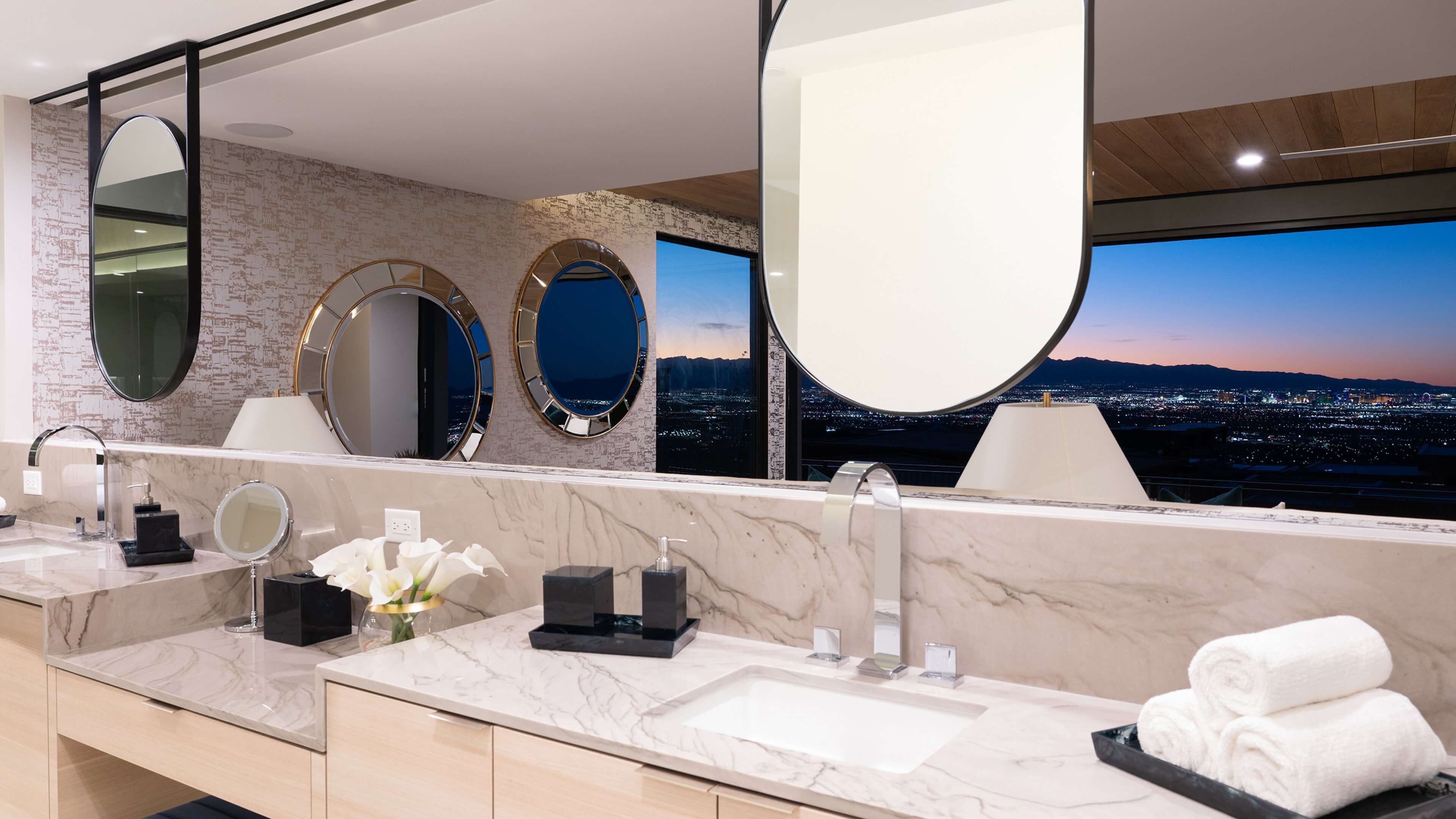 Lunate Interior Night Primary Bath Mirrors + Strip View